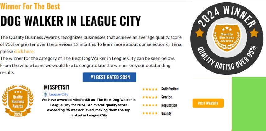 MissPetSit — 2024 Quality Business Awards Winner, Best Dog Walker in League City (quality rating over 95%)